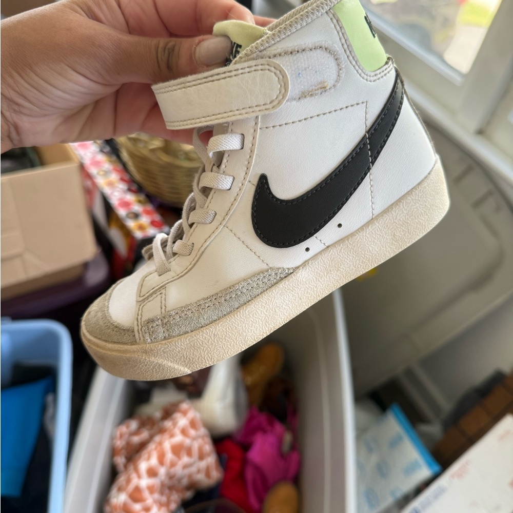 Nike Kids White High-Top Sneakers with Black Swoosh and Lime Accent